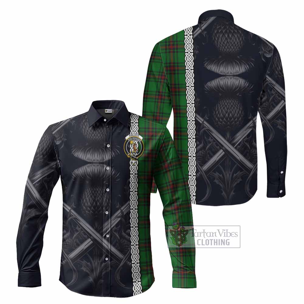 Tartan Vibes Clothing Kinloch Tartan Long Sleeve Button Shirt with Family Crest Cross Sword Thistle Celtic Vibes