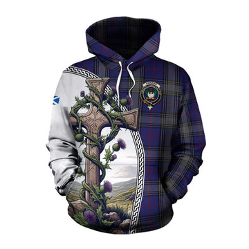 Tartan Vibes Clothing Kinnaird Tartan Cotton Hoodie with Family Crest and St. Andrew's Cross Accented by Thistle Vines