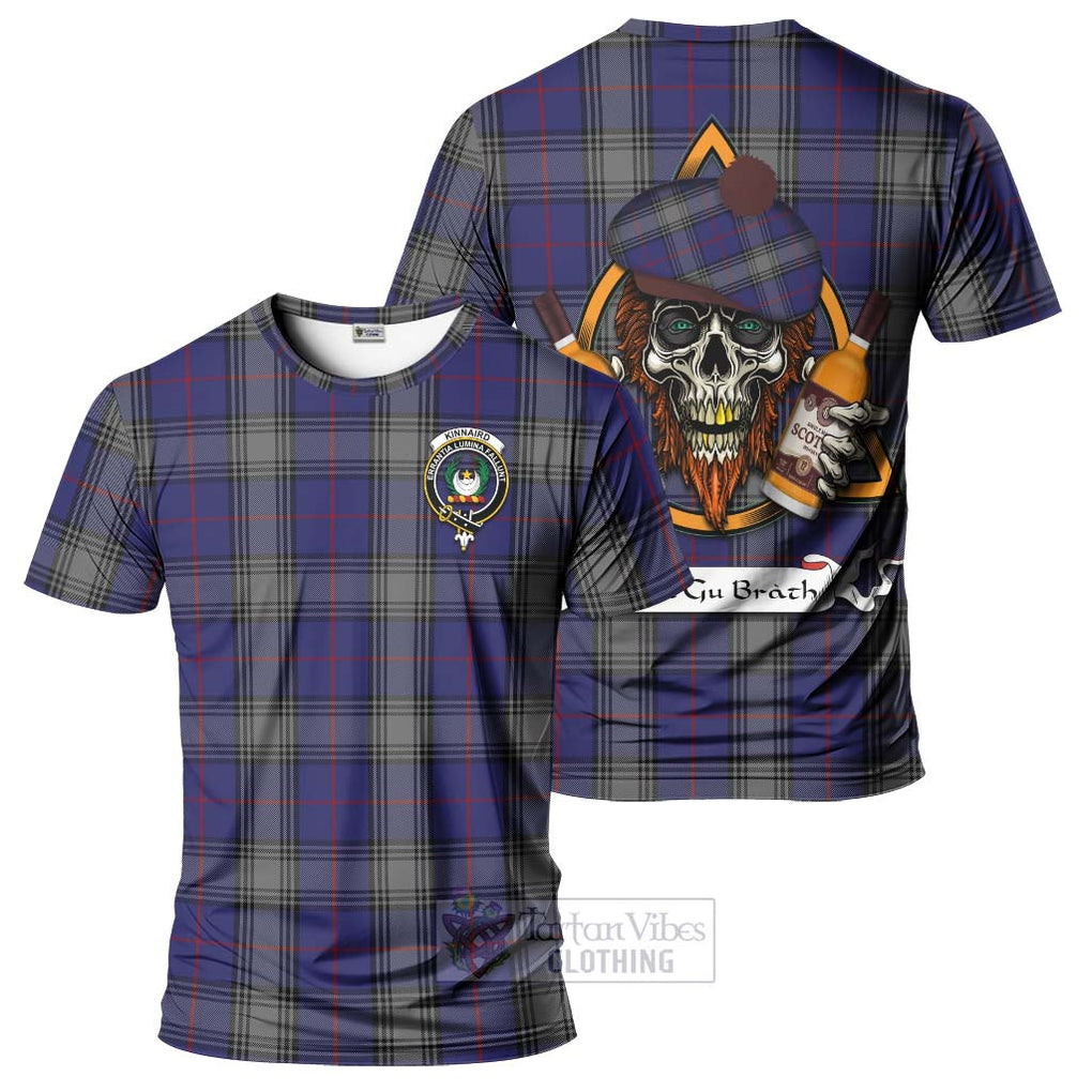 Tartan Vibes Clothing Kinnaird Tartan T-Shirt with Family Crest and Bearded Skull Holding Bottles of Whiskey