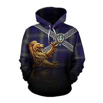 Kinnaird Crest Tartan Cotton Hoodie with Golden Lion Emblem Celtic Style