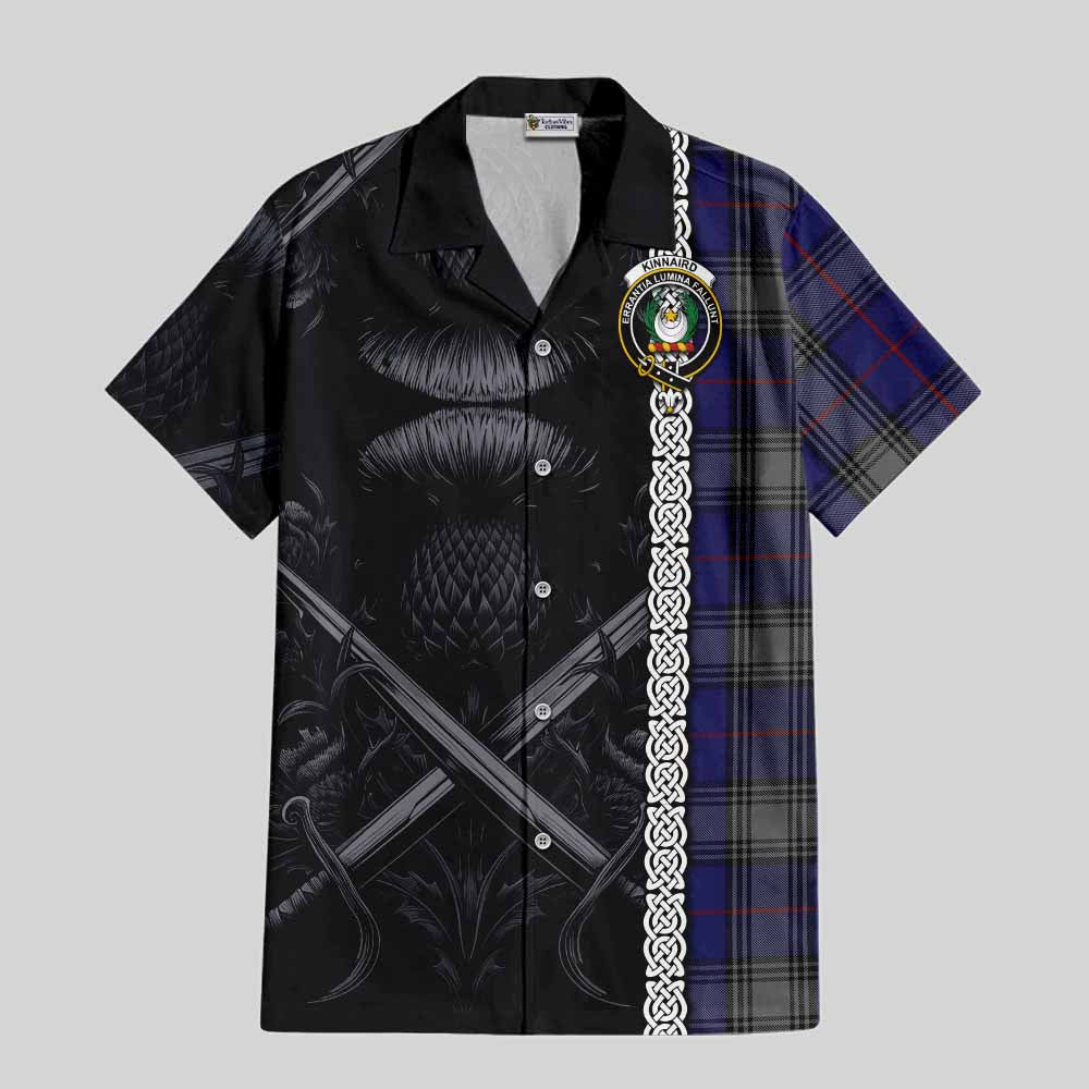 Tartan Vibes Clothing Kinnaird Tartan Short Sleeve Button Shirt with Family Crest Cross Sword Thistle Celtic Vibes