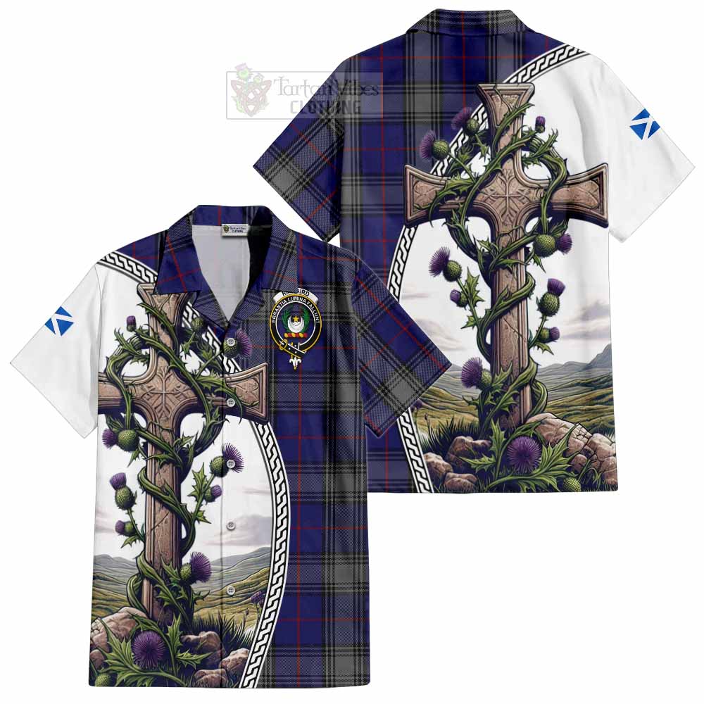 Tartan Vibes Clothing Kinnaird Tartan Short Sleeve Button Shirt with Family Crest and St. Andrew's Cross Accented by Thistle Vines
