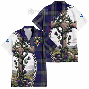 Tartan Vibes Clothing Kinnaird Tartan Short Sleeve Button Shirt with Family Crest and St. Andrew's Cross Accented by Thistle Vines