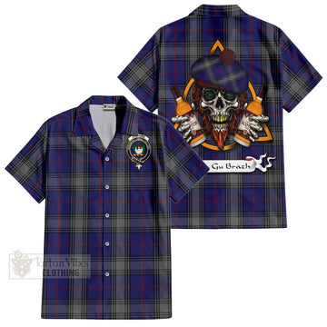 Tartan Vibes Clothing Kinnaird Tartan Short Sleeve Button Shirt with Family Crest and Bearded Skull Holding Bottles of Whiskey