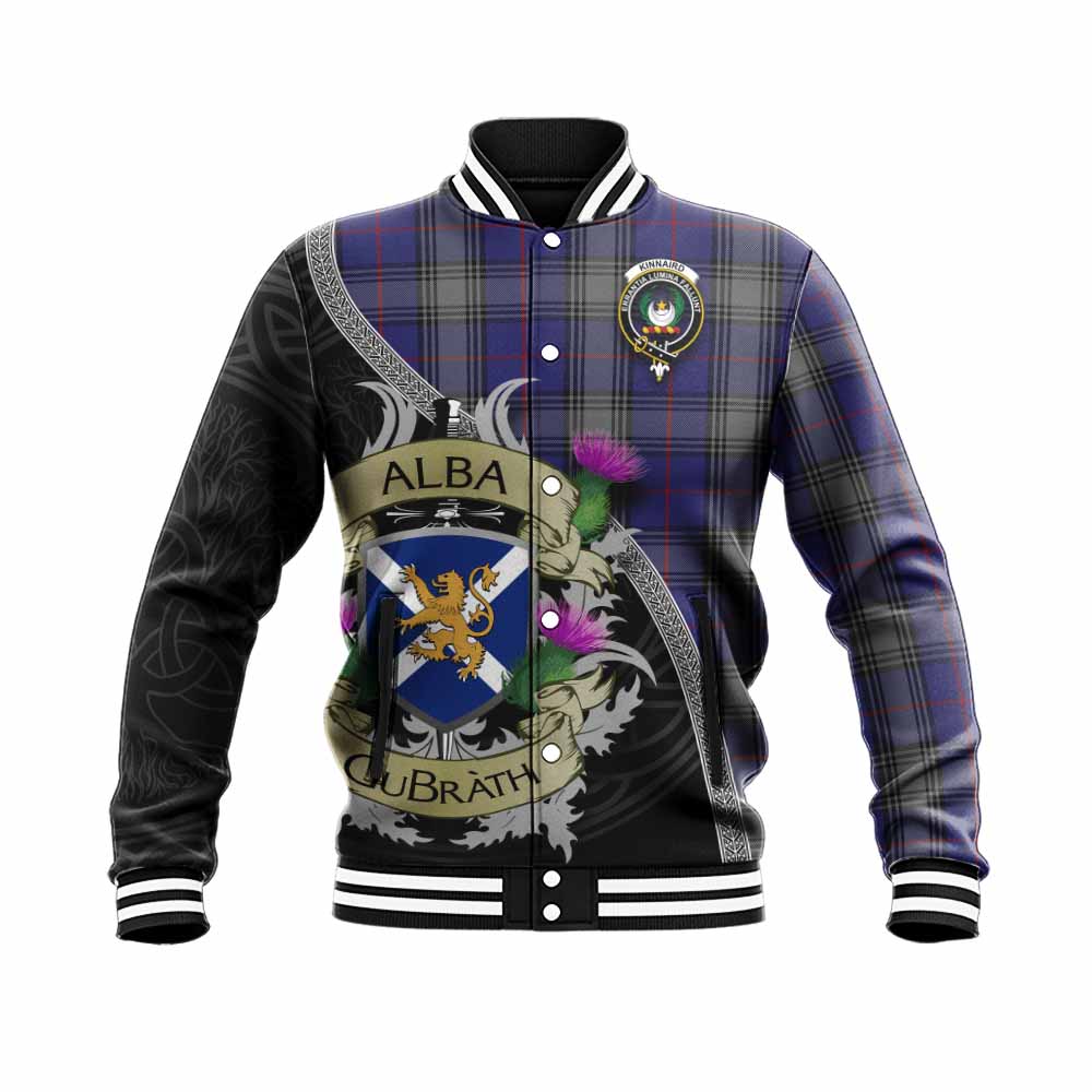 Tartan Vibes Clothing Kinnaird Tartan Family Crest Baseball Jacket Lion Rampant Royal Thistle Shield Celtic Inspired