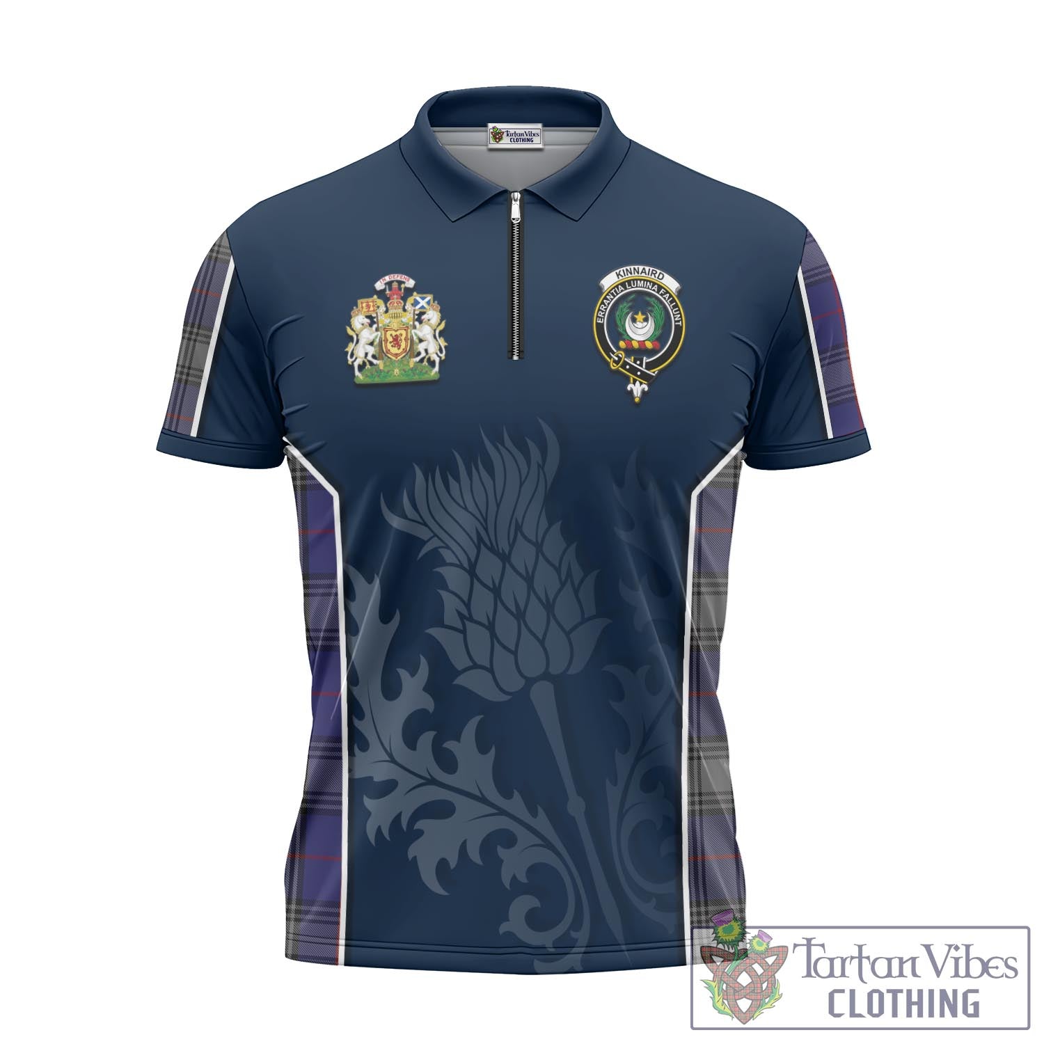 Tartan Vibes Clothing Kinnaird Tartan Zipper Polo Shirt with Family Crest and Scottish Thistle Vibes Sport Style