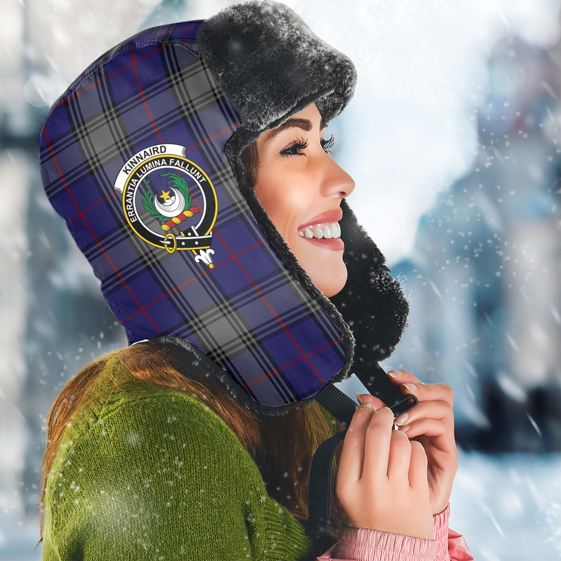 Kinnaird Tartan Winter Trapper Hat with Family Crest Winter Trapper Hat Universal Fit Circumference 22.8in (58cm) - Tartanvibesclothing