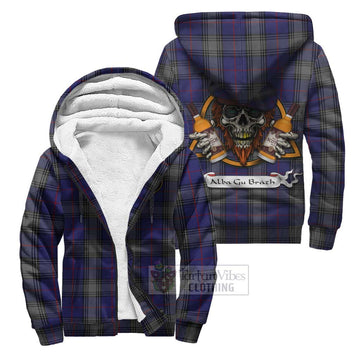 Kinnaird Tartan Sherpa Hoodie with Family Crest and Bearded Skull Holding Bottles of Whiskey