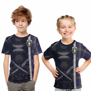 Tartan Vibes Clothing Kinnaird Tartan Kid T-Shirt with Family Crest Cross Sword Thistle Celtic Vibes