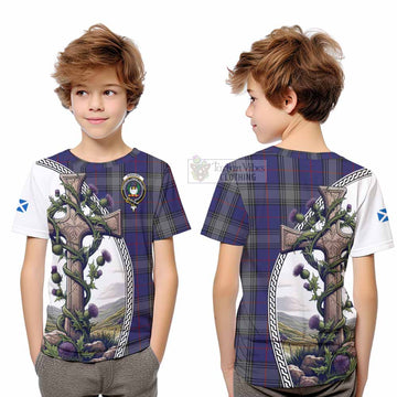 Tartan Vibes Clothing Kinnaird Tartan Kid T-Shirt with Family Crest and St. Andrew's Cross Accented by Thistle Vines