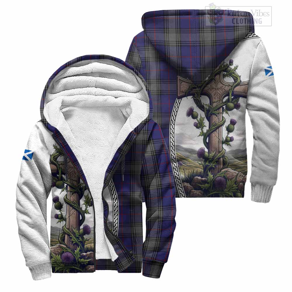 Tartan Vibes Clothing Kinnaird Tartan Sherpa Hoodie with Family Crest and St. Andrew's Cross Accented by Thistle Vines