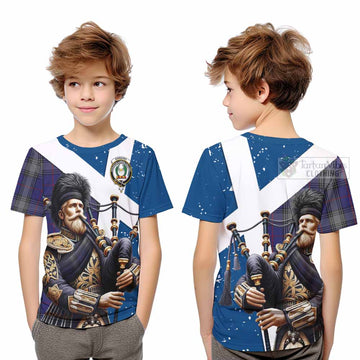 Kinnaird Tartan Kid T-Shirt with Family Crest Scottish Bagpiper Vibes