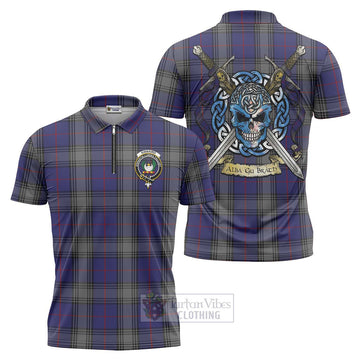 Tartan Vibes Clothing Kinnaird Tartan Zipper Polo Shirt with Family Crest Celtic Skull Style
