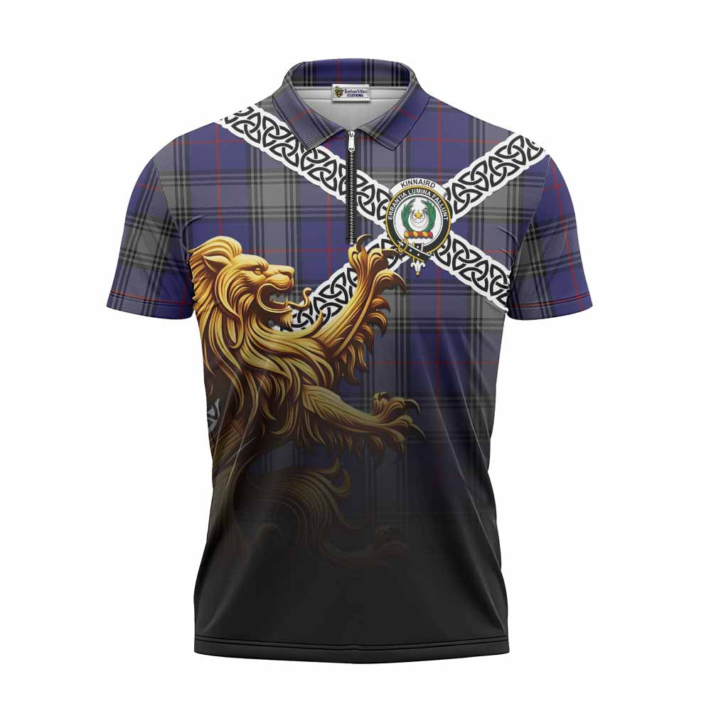 Tartan Vibes Clothing Kinnaird Crest Tartan Zipper Polo Shirt with Golden Lion Emblem Celtic Style