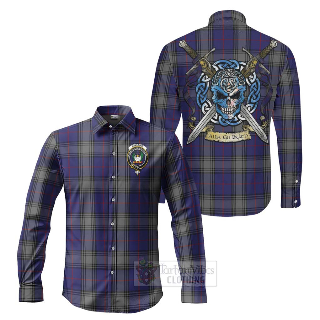 Tartan Vibes Clothing Kinnaird Tartan Long Sleeve Button Shirt with Family Crest Celtic Skull Style