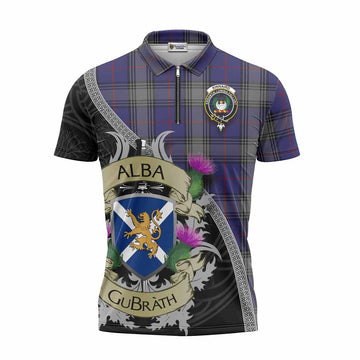 Kinnaird Tartan Family Crest Zipper Polo Shirt Lion Rampant Royal Thistle Shield Celtic Inspired