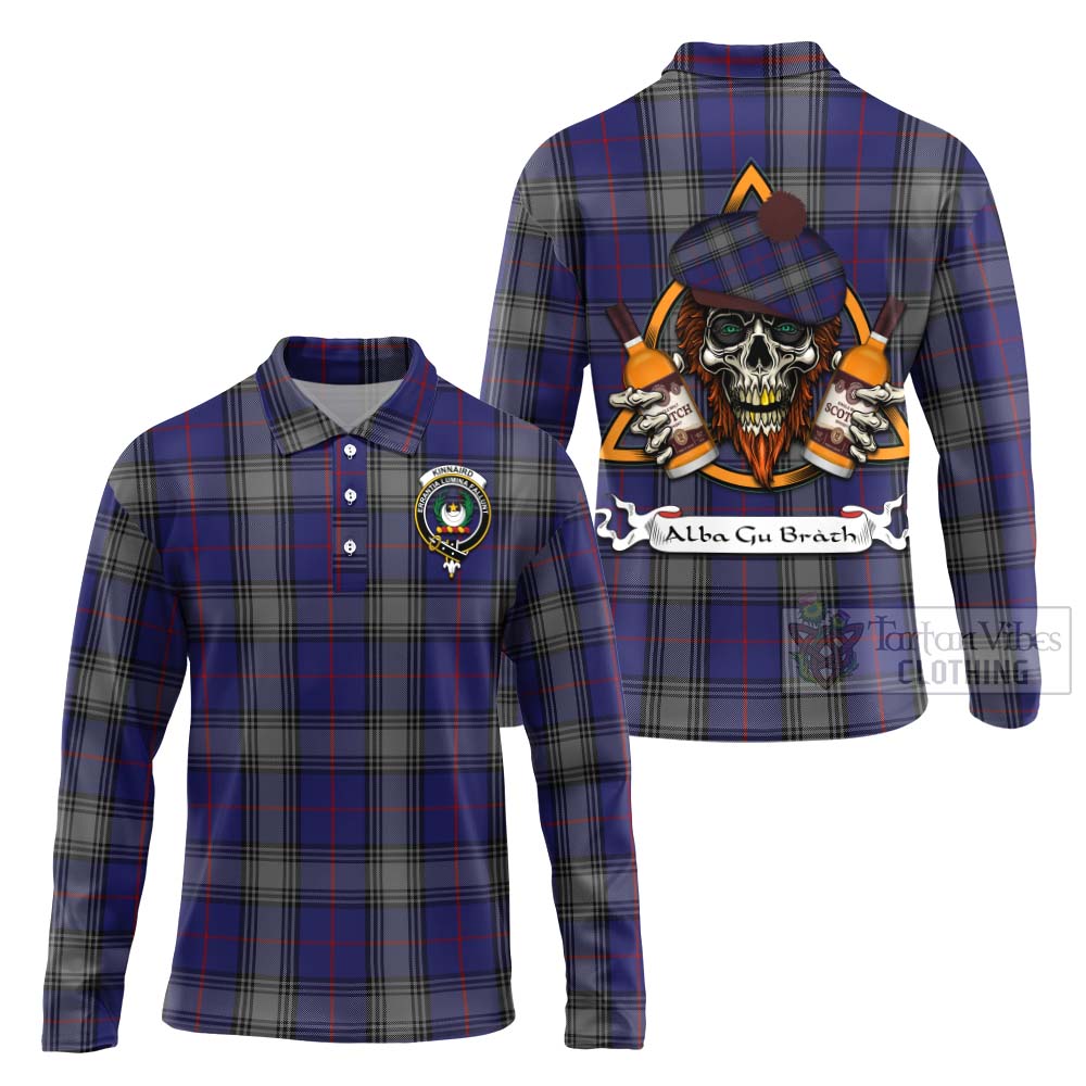 Tartan Vibes Clothing Kinnaird Tartan Long Sleeve Polo Shirt with Family Crest and Bearded Skull Holding Bottles of Whiskey