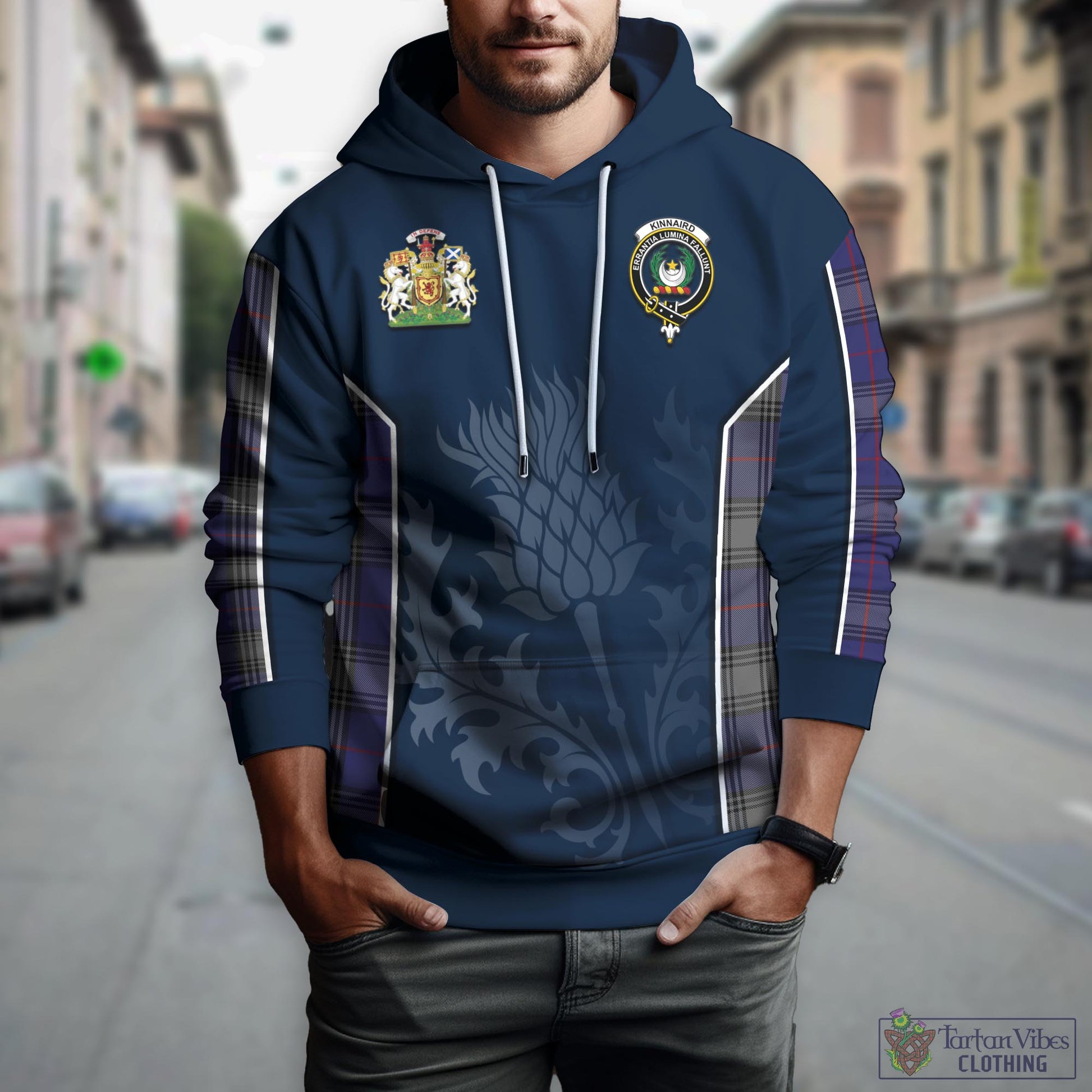 Tartan Vibes Clothing Kinnaird Tartan Hoodie with Family Crest and Scottish Thistle Vibes Sport Style