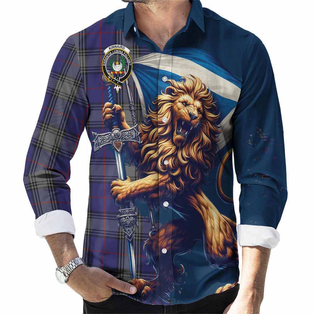 Tartan Vibes Clothing Kinnaird Tartan Family Crest Long Sleeve Button Shirt with Scottish Majestic Lion