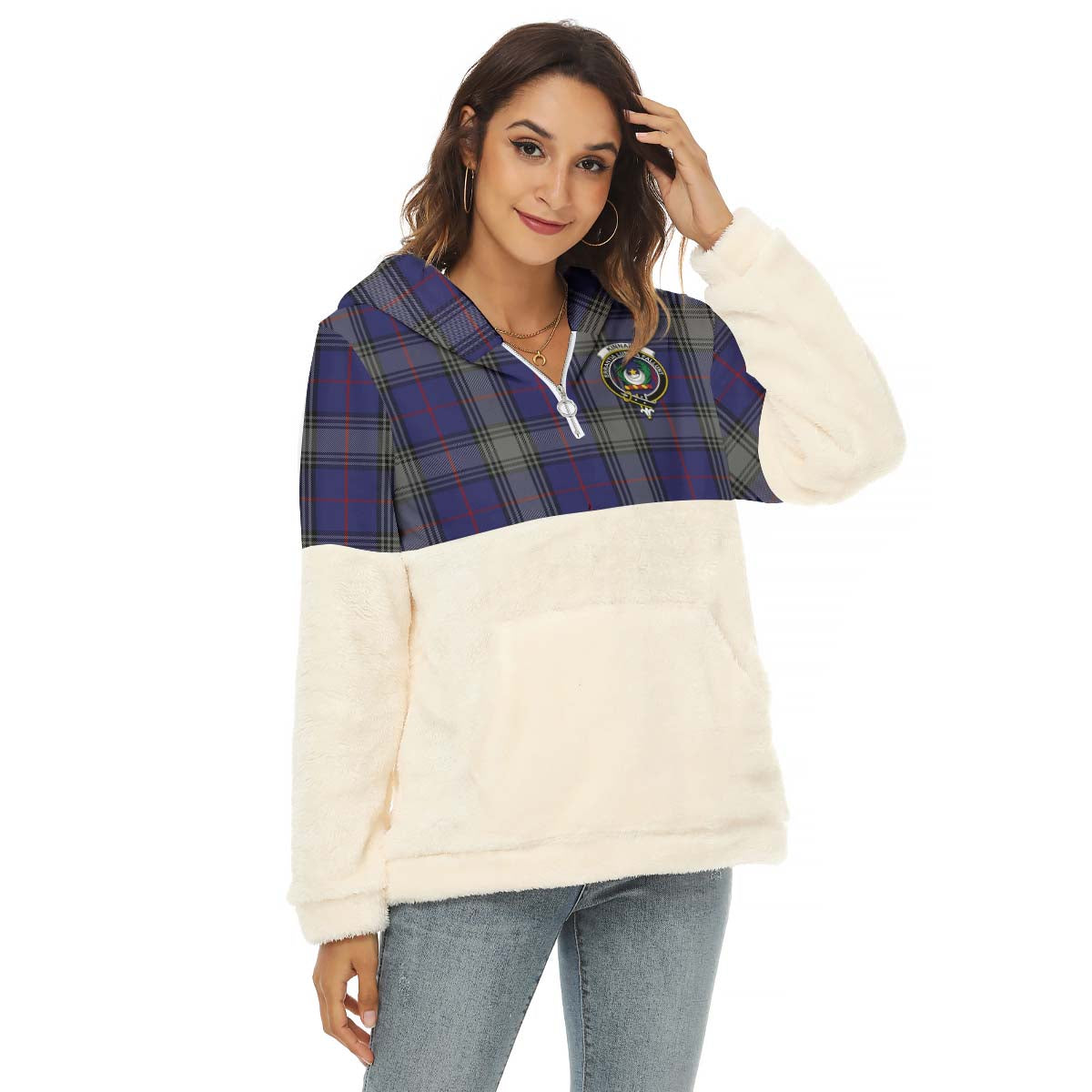 Kinnaird Tartan Women's Borg Fleece Hoodie With Half Zip with Family Crest Female - Tartan Vibes Clothing