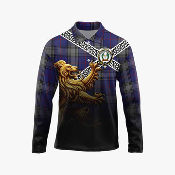 Kinnaird Crest Tartan Long Sleeve Polo Shirt with Golden Lion Emblem Celtic Style