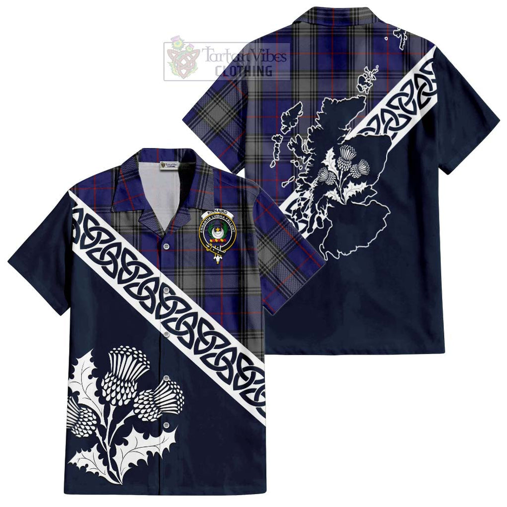 Tartan Vibes Clothing Kinnaird Tartan Short Sleeve Button Shirt Featuring Thistle and Scotland Map