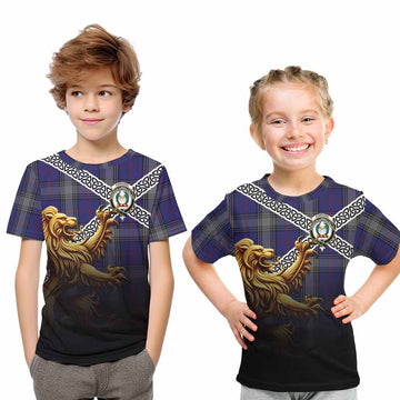 Tartan Vibes Clothing Kinnaird Crest Tartan Kid T-Shirt with Golden Lion Emblem Celtic Style