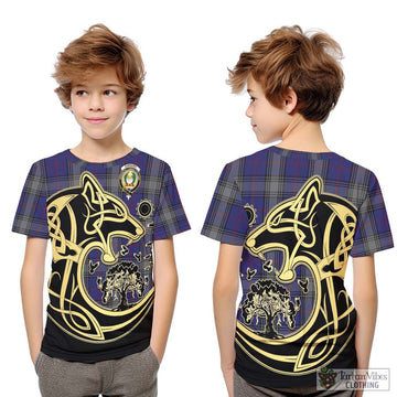 Kinnaird Tartan Kid T-Shirt with Family Crest Celtic Wolf Style