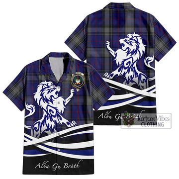 Kinnaird Tartan Short Sleeve Button Shirt with Alba Gu Brath Regal Lion Emblem Kid - Tartanvibesclothing Shop