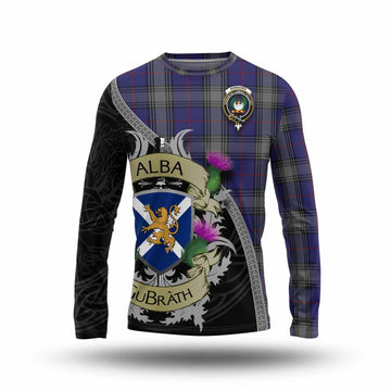 Kinnaird Tartan Family Crest Long Sleeve T-Shirt Lion Rampant Royal Thistle Shield Celtic Inspired