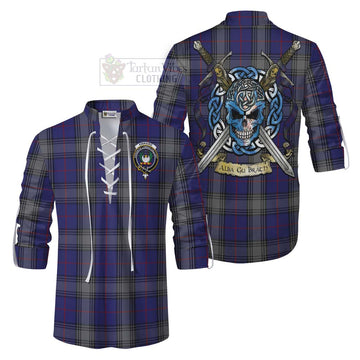 Tartan Vibes Clothing Kinnaird Tartan Ghillie Kilt Shirt with Family Crest Celtic Skull Style