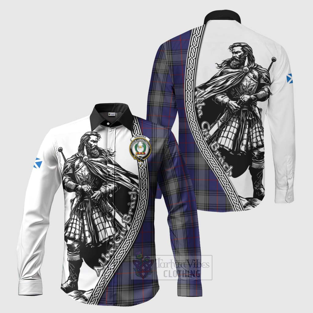 Tartan Vibes Clothing Kinnaird Tartan Clan Crest Long Sleeve Button Shirt with Highlander Warrior Celtic Style