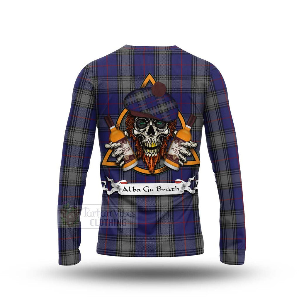 Tartan Vibes Clothing Kinnaird Tartan Long Sleeve T-Shirt with Family Crest and Bearded Skull Holding Bottles of Whiskey