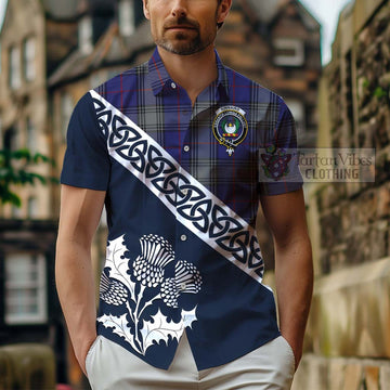 Tartan Vibes Clothing Kinnaird Tartan Short Sleeve Button Shirt Featuring Thistle and Scotland Map
