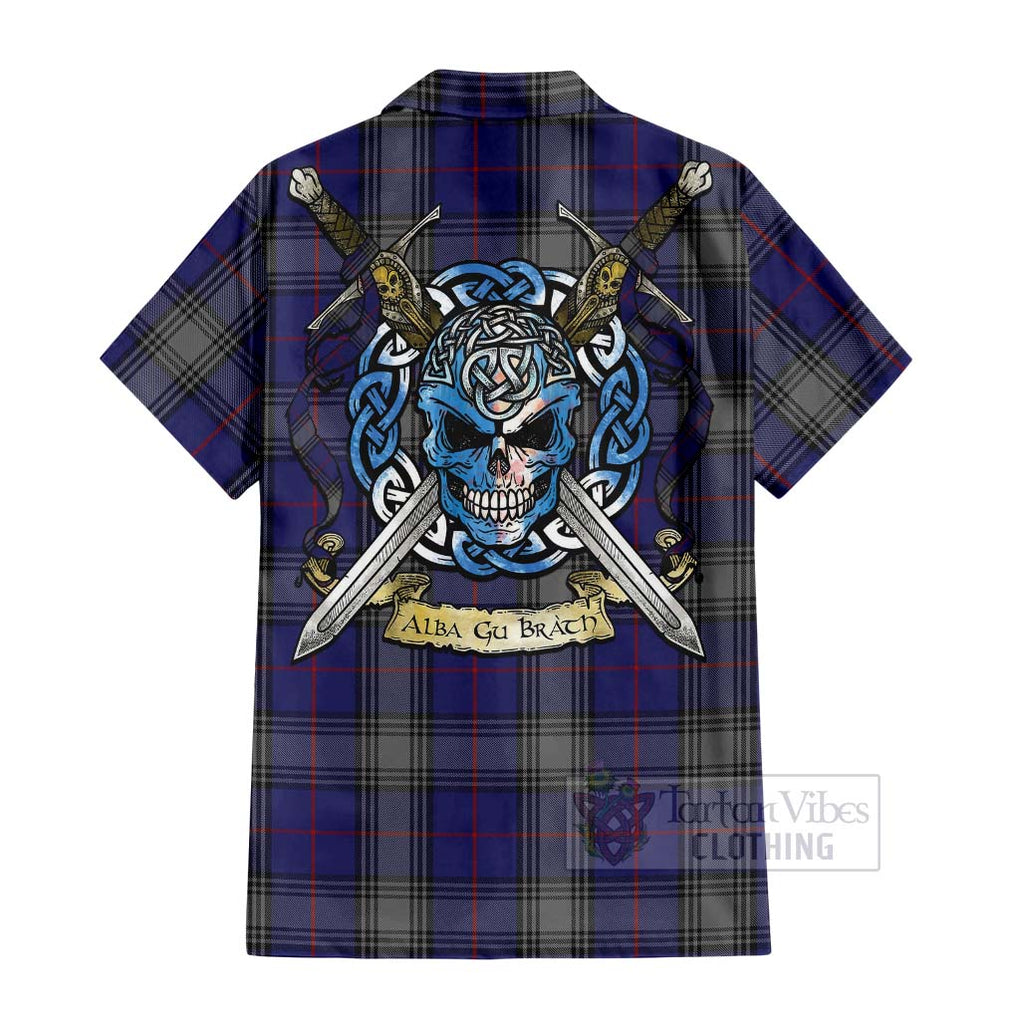 Tartan Vibes Clothing Kinnaird Tartan Short Sleeve Button Shirt with Family Crest Celtic Skull Style