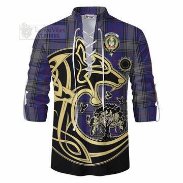 Tartan Vibes Clothing Kinnaird Tartan Ghillie Kilt Shirt with Family Crest Celtic Wolf Style