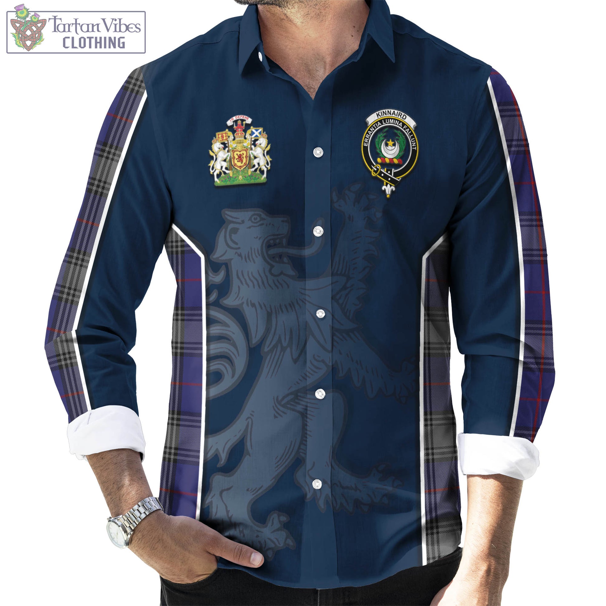 Tartan Vibes Clothing Kinnaird Tartan Long Sleeve Button Up Shirt with Family Crest and Lion Rampant Vibes Sport Style