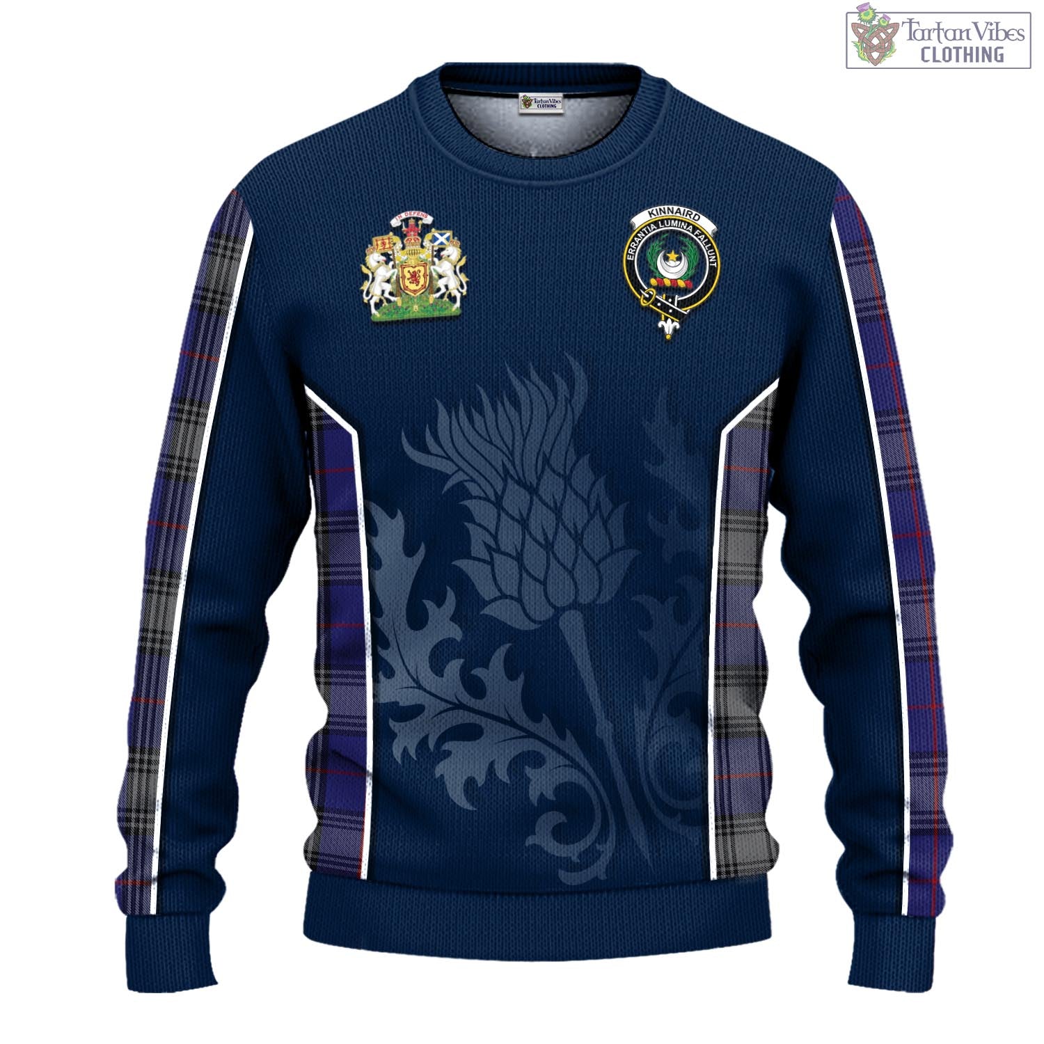 Tartan Vibes Clothing Kinnaird Tartan Knitted Sweatshirt with Family Crest and Scottish Thistle Vibes Sport Style