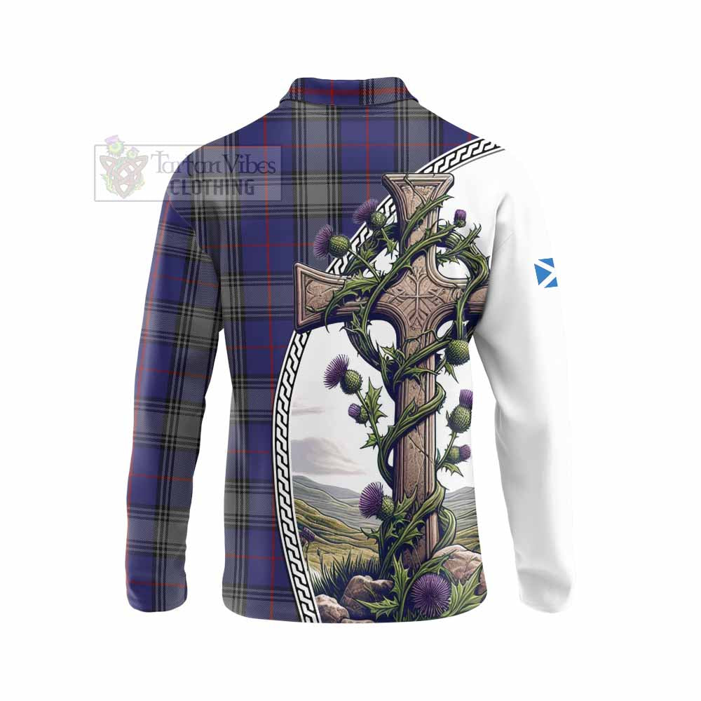 Tartan Vibes Clothing Kinnaird Tartan Long Sleeve Polo Shirt with Family Crest and St. Andrew's Cross Accented by Thistle Vines