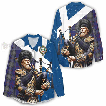 Tartan Vibes Clothing Kinnaird Tartan Women's Casual Shirt with Family Crest Scottish Bagpiper Vibes