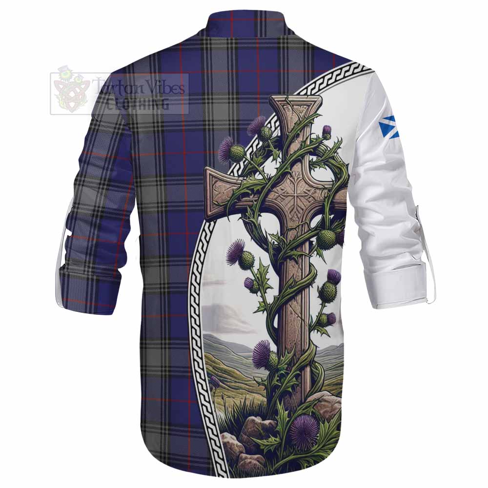 Tartan Vibes Clothing Kinnaird Tartan Ghillie Kilt Shirt with Family Crest and St. Andrew's Cross Accented by Thistle Vines