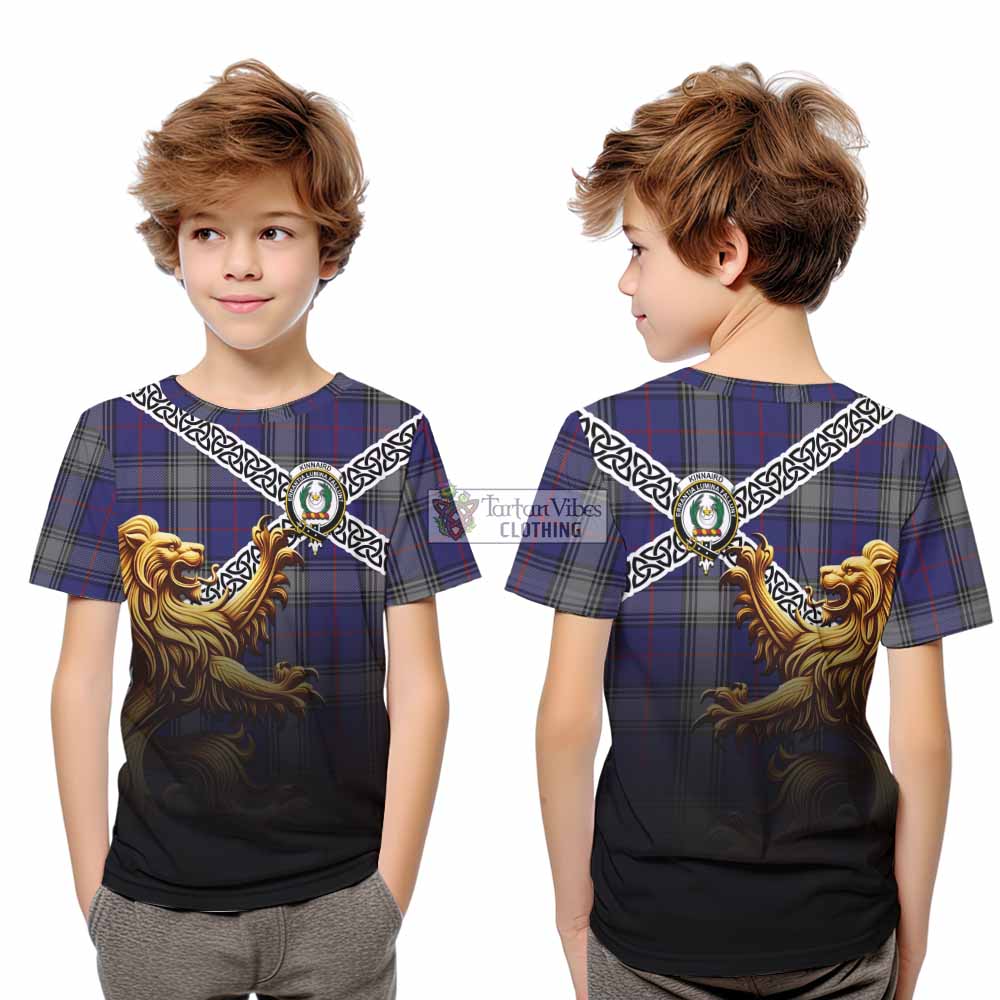 Tartan Vibes Clothing Kinnaird Crest Tartan Kid T-Shirt with Golden Lion Emblem Celtic Style