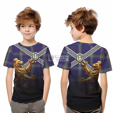 Tartan Vibes Clothing Kinnaird Crest Tartan Kid T-Shirt with Golden Lion Emblem Celtic Style