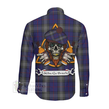 Kinnaird Tartan Long Sleeve Button Shirt with Family Crest and Bearded Skull Holding Bottles of Whiskey