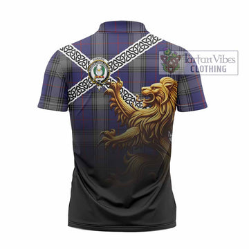 Kinnaird Crest Tartan Zipper Polo Shirt with Golden Lion Emblem Celtic Style