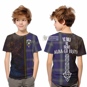Kinnaird Tartan Family Crest Kid T-Shirt Alba Gu Brath Be Brave Lion Ancient Style