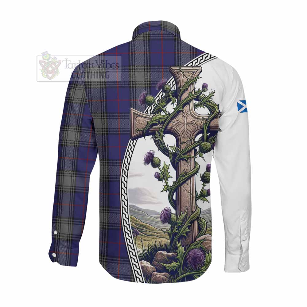 Tartan Vibes Clothing Kinnaird Tartan Long Sleeve Button Shirt with Family Crest and St. Andrew's Cross Accented by Thistle Vines