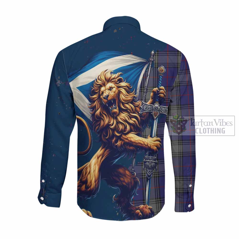 Tartan Vibes Clothing Kinnaird Tartan Family Crest Long Sleeve Button Shirt with Scottish Majestic Lion