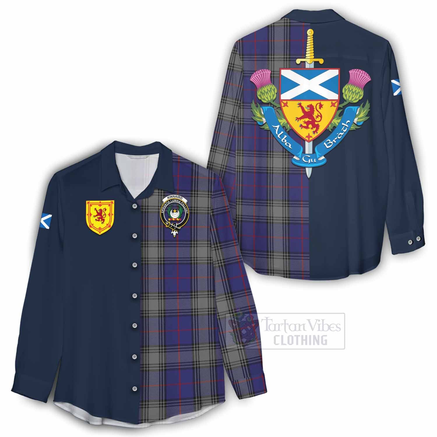 Tartan Vibes Clothing Kinnaird Tartan Women's Casual Shirt Alba with Scottish Lion Royal Arm Half Style