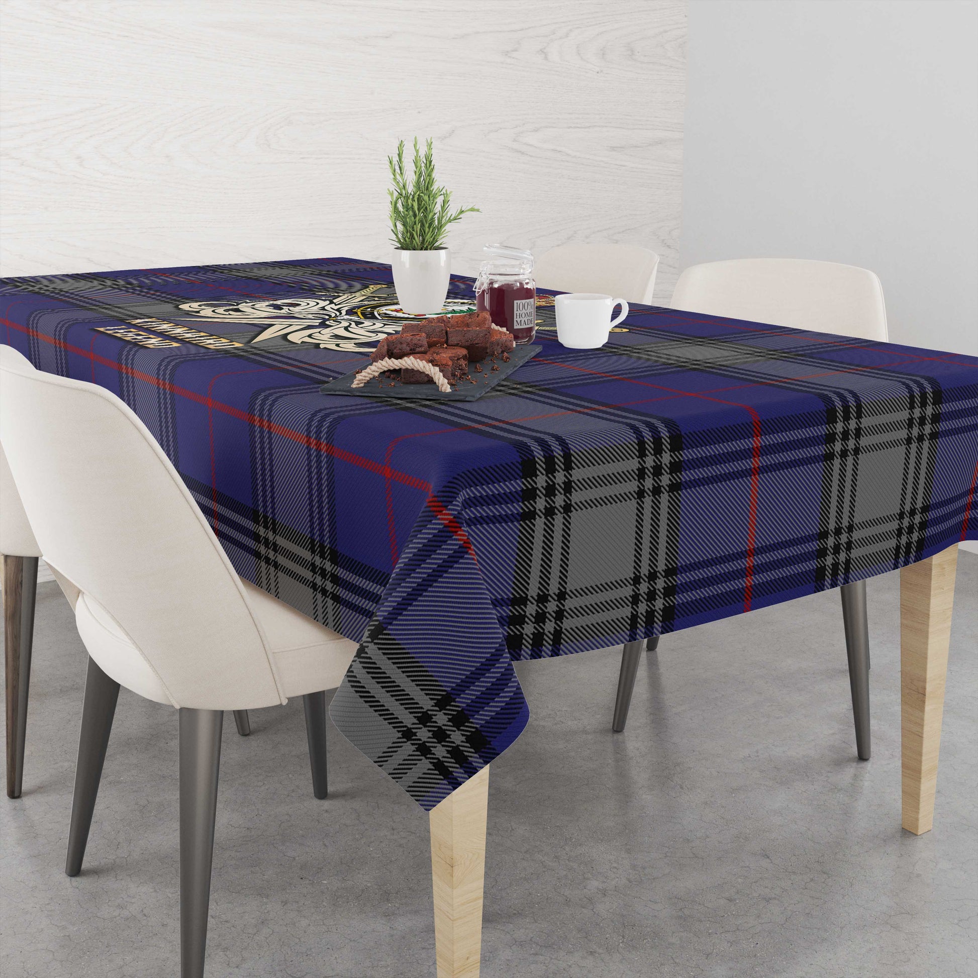 Tartan Vibes Clothing Kinnaird Tartan Tablecloth with Clan Crest and the Golden Sword of Courageous Legacy